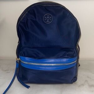 Tory Burch Perry Nylon Colorblock Backpack w/ Leather Trim Logo Navy / Blue EUC